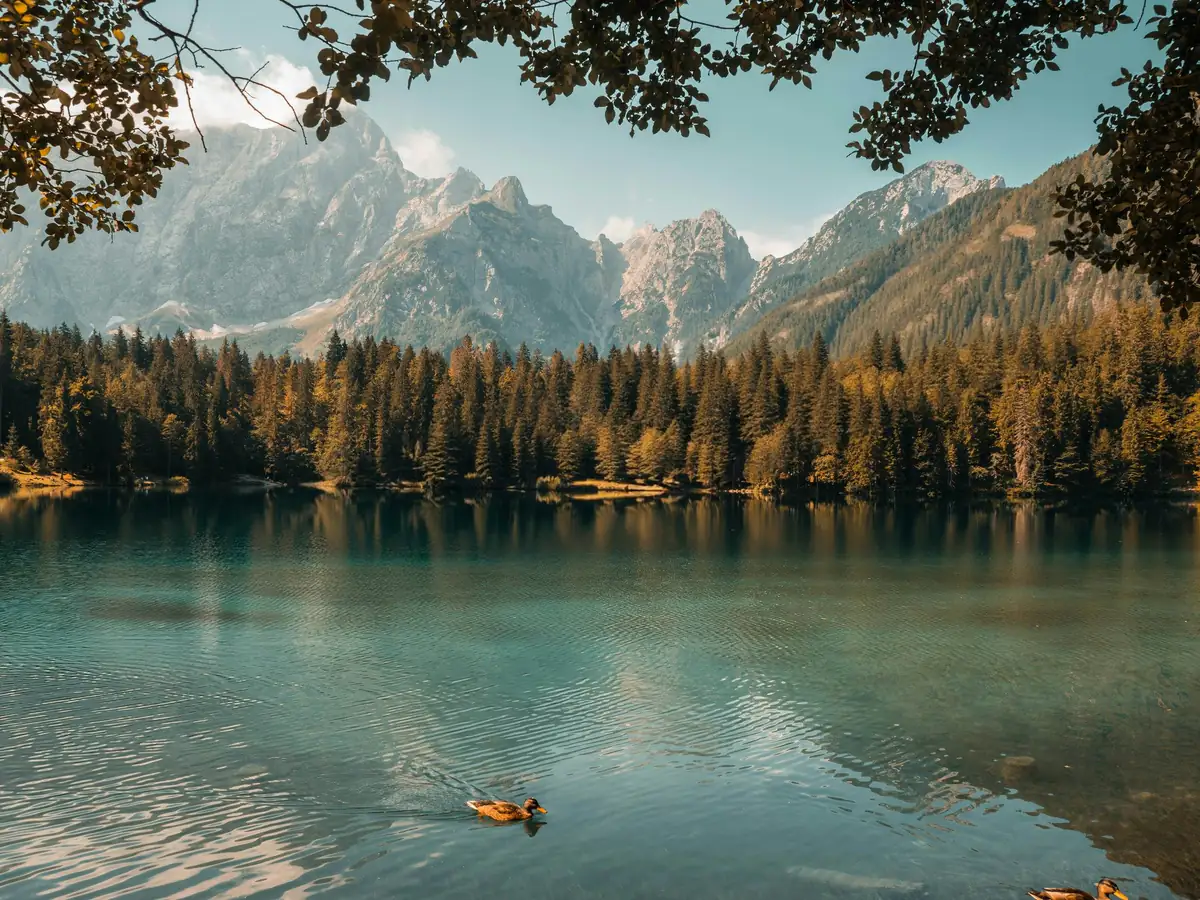 Semi-transparent text watermark removed from an autumn mountain lake photo